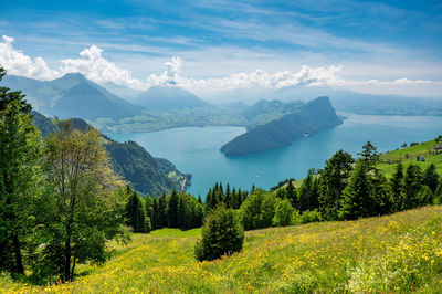 Scenic view of landscape and mountains against sky