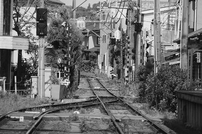 Railroad tracks amidst buildings in city