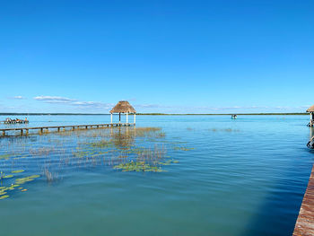 Scenic view of sea against clear blue sky