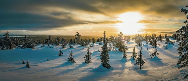 Scenic view of snow covered landscape against sky during sunset