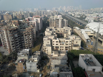 High angle view of buildings in city