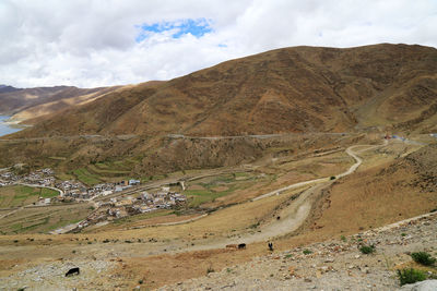 Barren landscape against cloudy sky