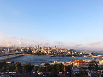 High angle view of buildings by river against sky