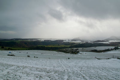 Scenic view of snow covered landscape against sky