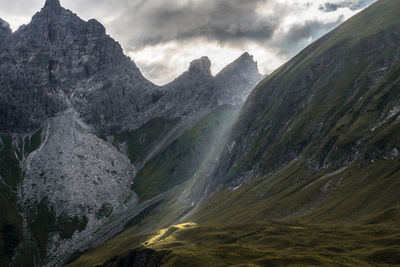 Scenic view of mountains against cloudy sky