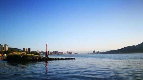 Scenic view of sea against clear blue sky