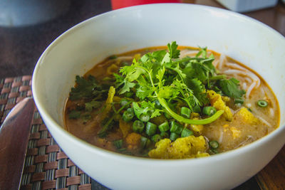 High angle view of soup in bowl on table