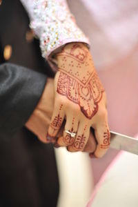 Cropped image of husband and wife hands holding knife during wedding