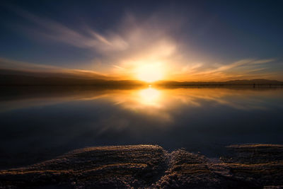 Scenic view of lake against sky during sunset