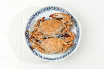 Hot steamed blue swimming on ceramic plate. flower crab or blue crab or blue manna sand crab