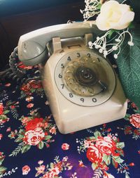 High angle view of telephone on table