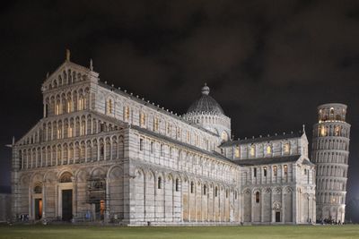 Facade of historic building at night