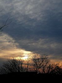 Low angle view of silhouette bare tree against dramatic sky