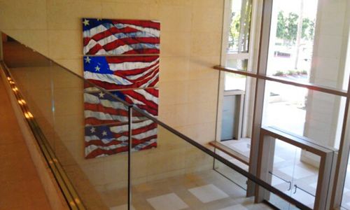 Low angle view of flag in building