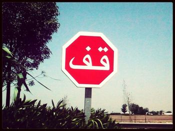 Road sign against trees