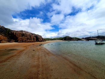 Scenic view of bay against sky