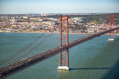 View of suspension bridge over river