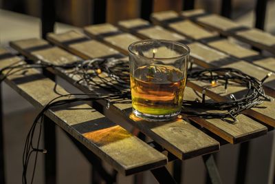 Close-up of beer in glass on table