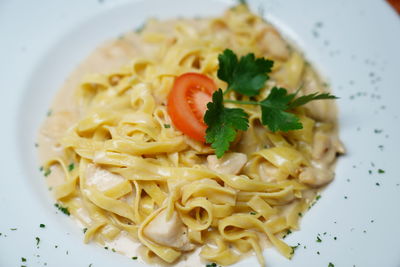 High angle view of pasta in plate