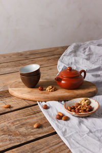 High angle view of breakfast on table