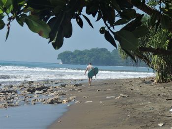 Rear view of man on beach against sky