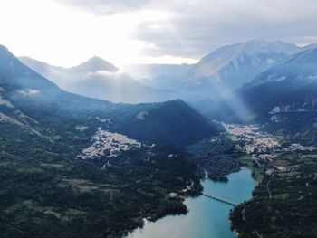 High angle view of mountains against sky