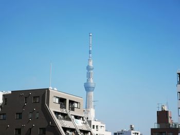 Low angle view of buildings against clear blue sky