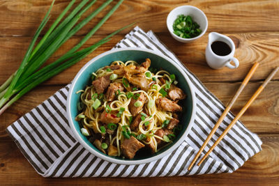 High angle view of food in plate on table