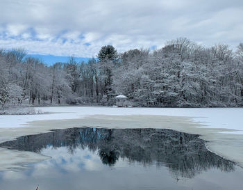 Scenic view of lake against sky during winter