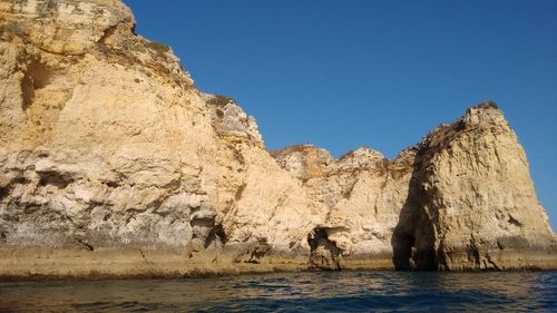 People on rock by sea against clear blue sky