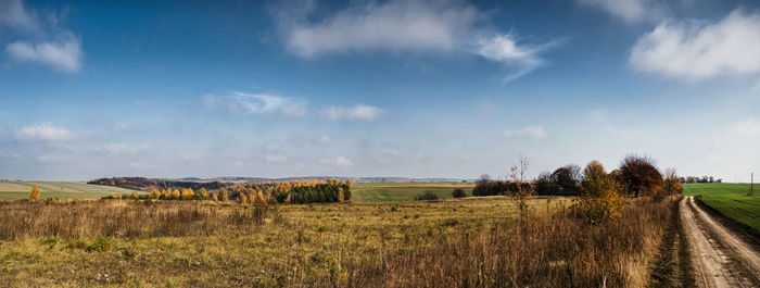 Scenic view of farm against sky