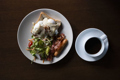 High angle view of breakfast served on table