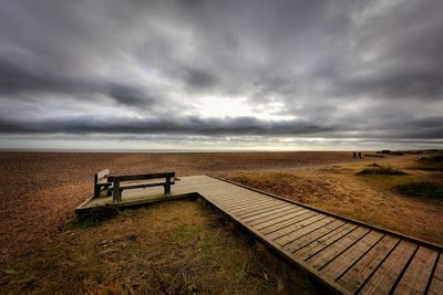 Scenic view of beach against storm clouds