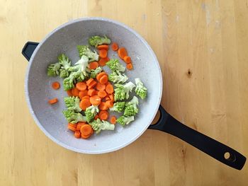 High angle view of salad in bowl on table