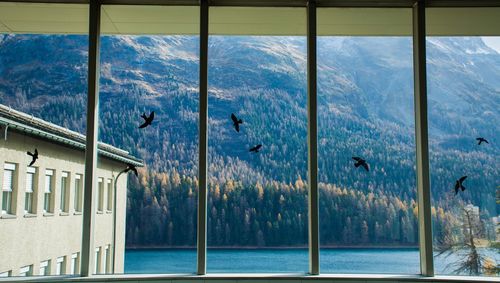 Scenic view of sea against sky seen through window