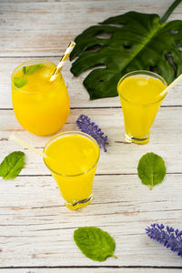 Yellow drink on table