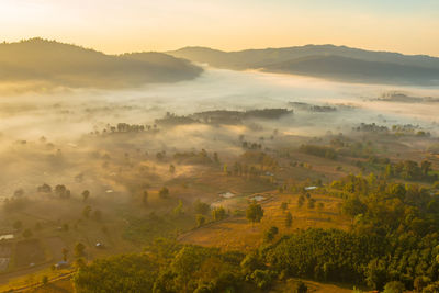 High angle view of landscape against sky during sunset