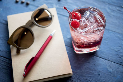 High angle view of drink on table