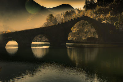 Bridge over river against sky during sunset