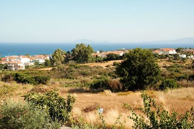 Scenic view of landscape by sea against clear sky