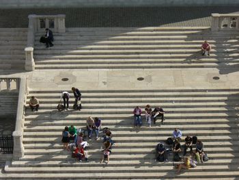 High angle view of people on steps