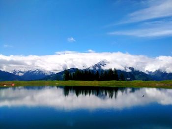 Calm lake with mountains in background