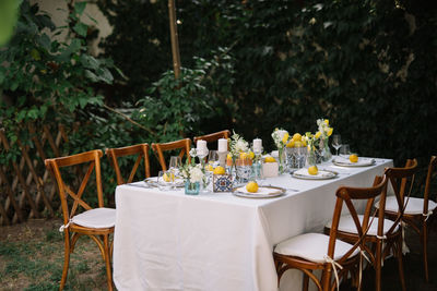 Empty chairs and table against plants in yard