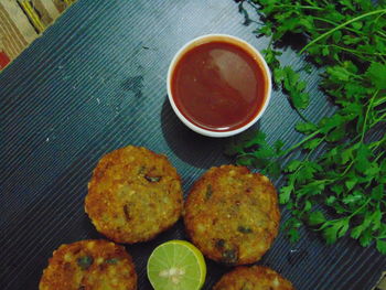 High angle view of meal served on table