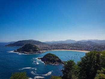 High angle view of bay against clear blue sky