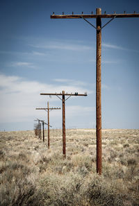 Wooden post on field against sky