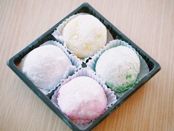 High angle view of ice cream in bowl on table