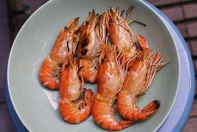 High angle view of seafood in plate on table