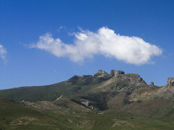 Scenic view of mountains against blue sky