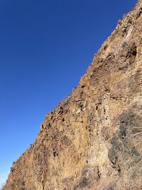 Low angle view of rock formation against clear blue sky